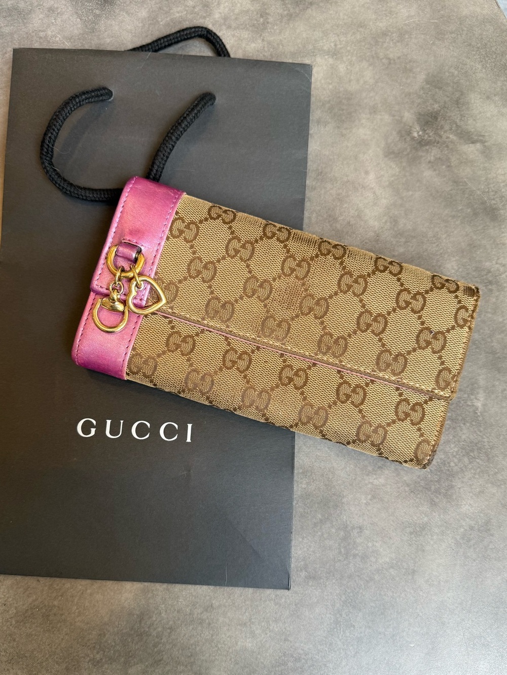 Gucci Brown GG Monogram Wallet with Pink Trim and Gold Hardware